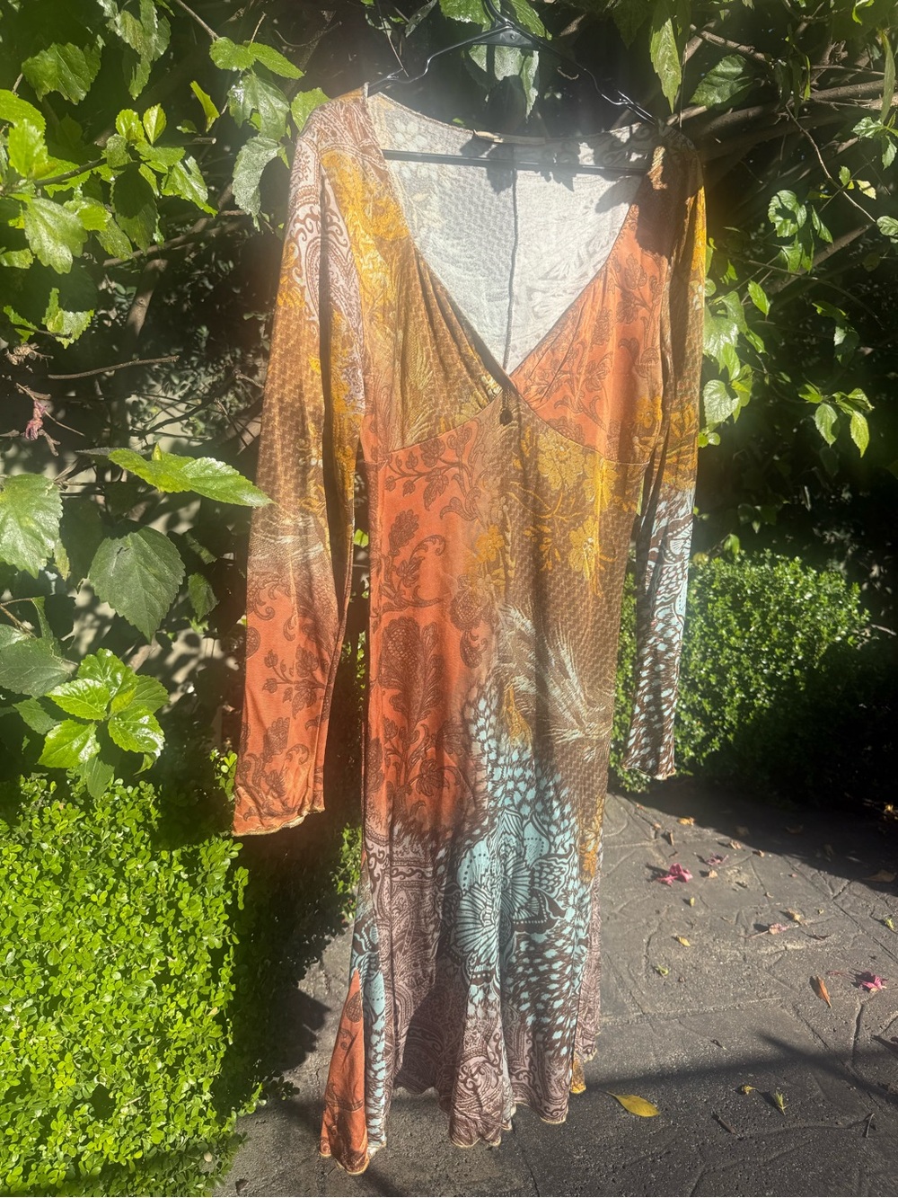 Authentic Roberto Cavalli Long Sleeve Maxi Dress in Rust, Mustard & Teal